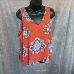 Everly Beautiful Floral V-neck cross back Tank Top, orange/brown/blue, 22"PTP